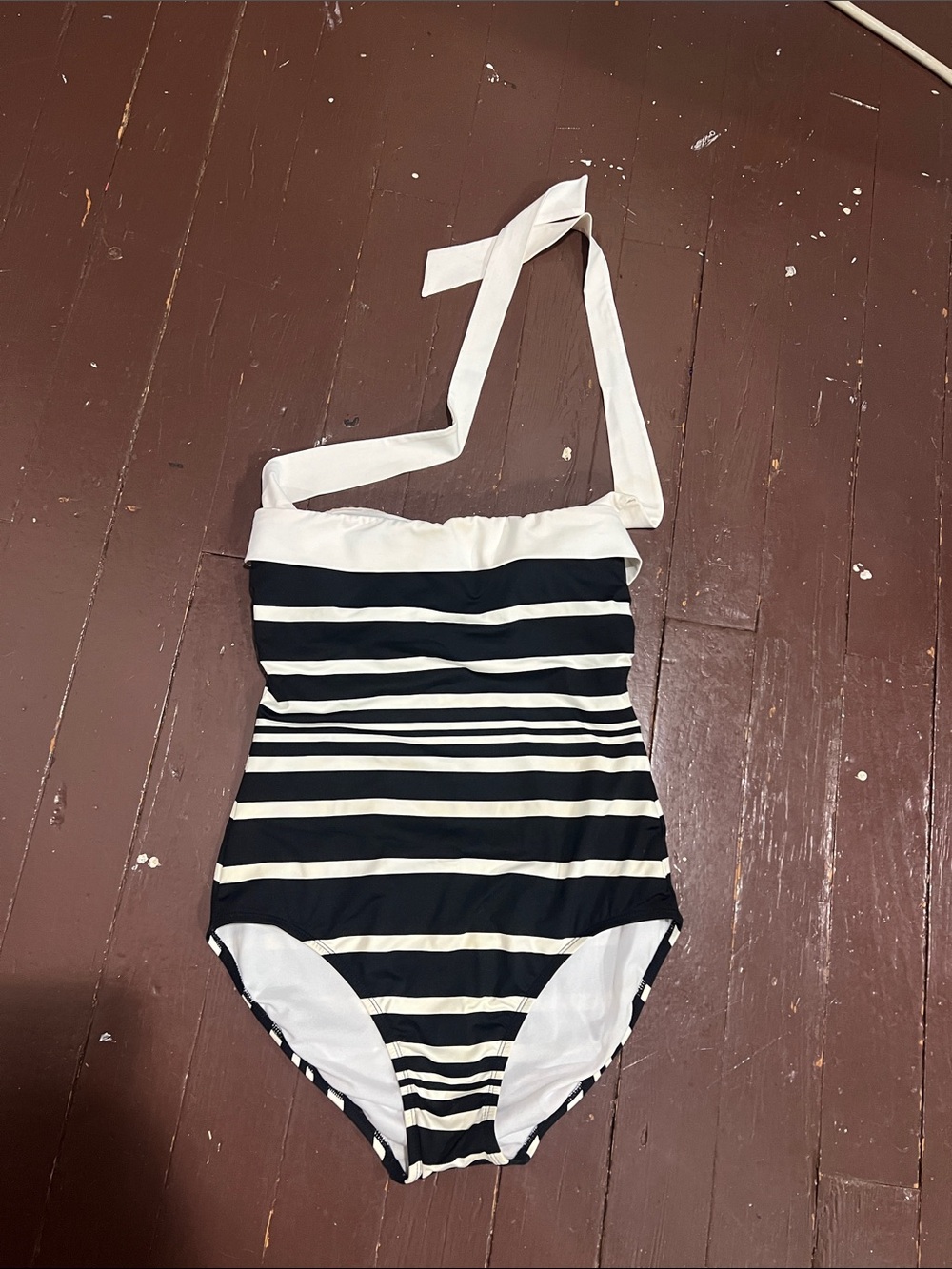 Womens Ralph Lauren Black & White Striped One-Piece Swimsuit with Halter Strap